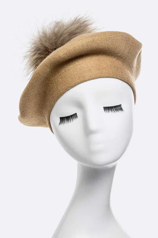 Genuine Fur Pom Cashmere Beret LA Jewelry Plaza