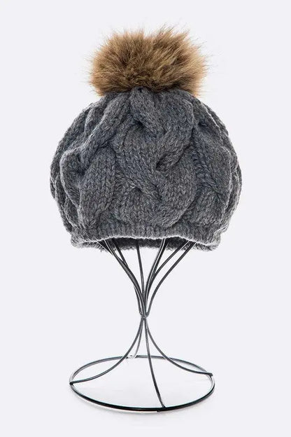 EMMEZ Cable Knit Natural Raccoon Fur Pom Beret LA Jewelry Plaza