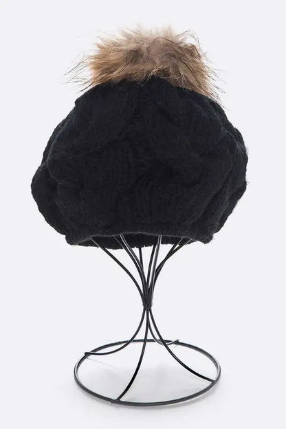 EMMEZ Cable Knit Natural Raccoon Fur Pom Beret LA Jewelry Plaza