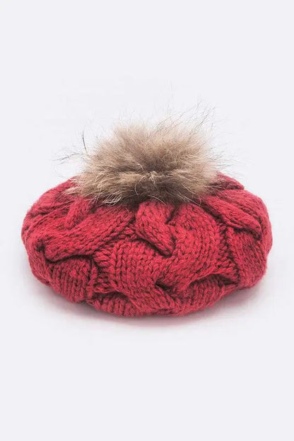 EMMEZ Cable Knit Natural Raccoon Fur Pom Beret LA Jewelry Plaza