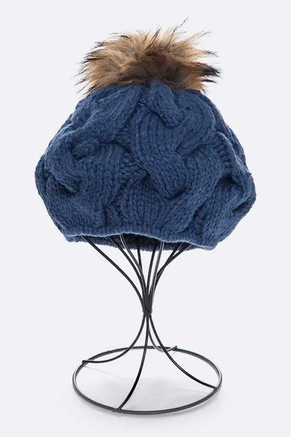 EMMEZ Cable Knit Natural Raccoon Fur Pom Beret LA Jewelry Plaza