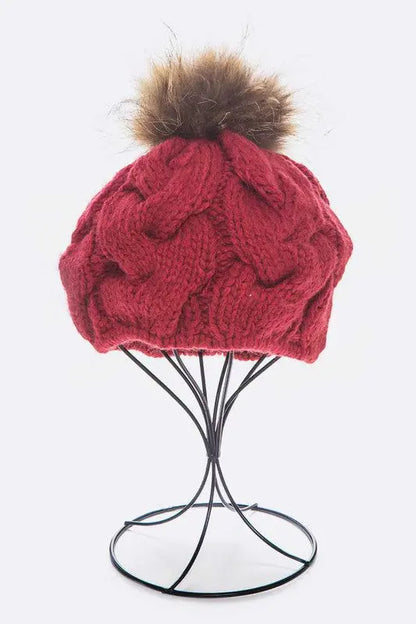 EMMEZ Cable Knit Natural Raccoon Fur Pom Beret LA Jewelry Plaza