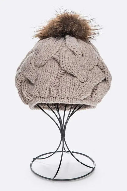 EMMEZ Cable Knit Natural Raccoon Fur Pom Beret LA Jewelry Plaza