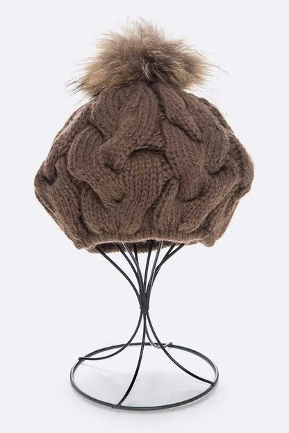 EMMEZ Cable Knit Natural Raccoon Fur Pom Beret LA Jewelry Plaza