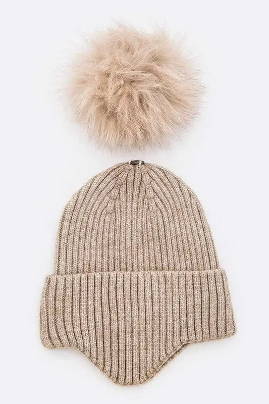 Genuine Fur Pom Soft Eared Beanie LA Jewelry Plaza