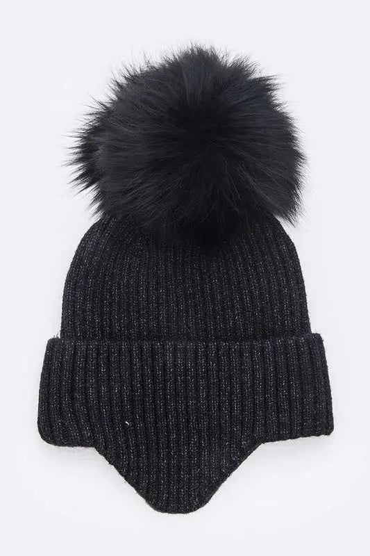 Genuine Fur Pom Soft Eared Beanie LA Jewelry Plaza