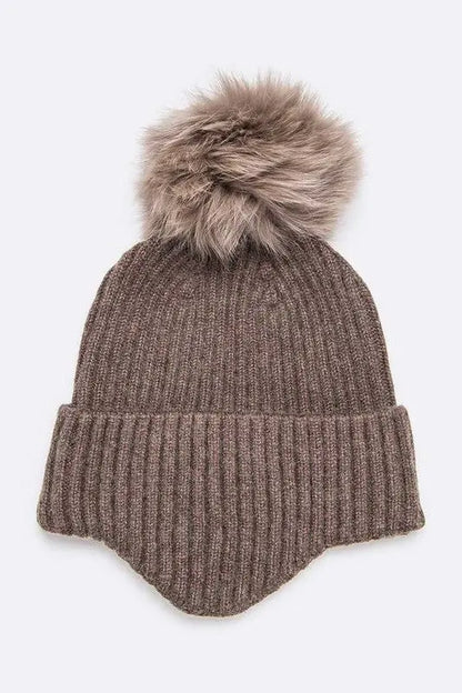 Genuine Fur Pom Soft Eared Beanie LA Jewelry Plaza