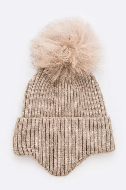 Genuine Fur Pom Soft Eared Beanie LA Jewelry Plaza