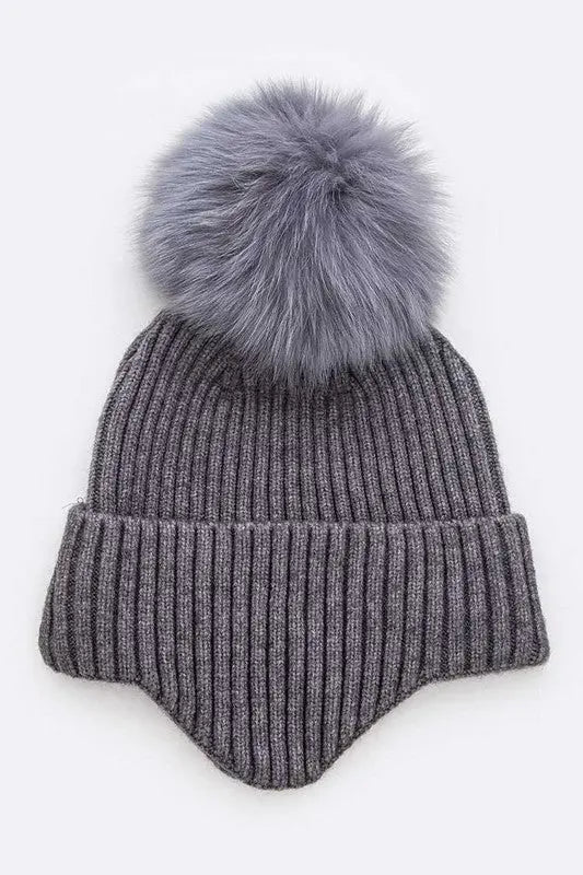 Genuine Fur Pom Soft Eared Beanie LA Jewelry Plaza