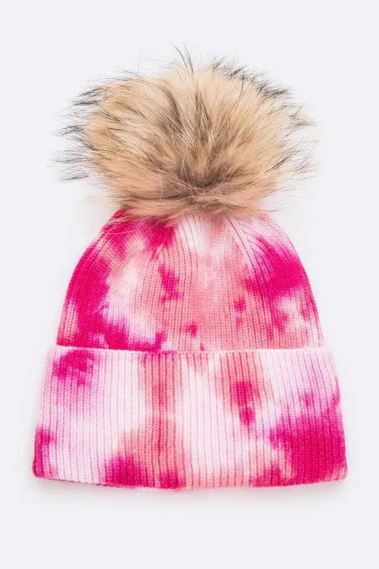 Tie Dyed Natural Raccoon Fur Pom Beanie LA Jewelry Plaza