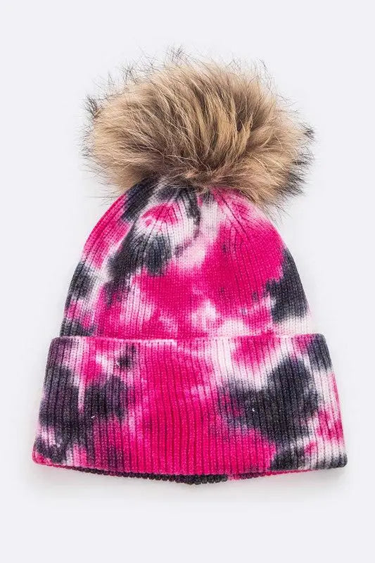 Tie Dyed Natural Raccoon Fur Pom Beanie LA Jewelry Plaza