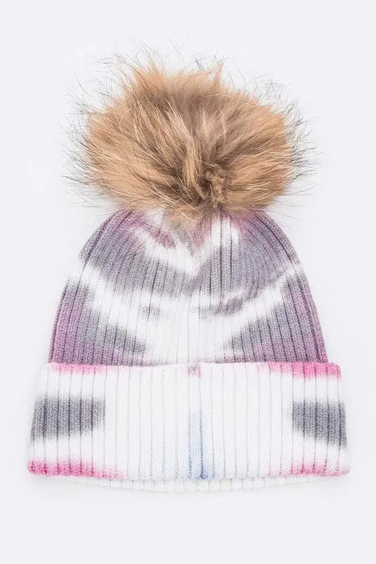 Tie Dyed Natural Raccoon Fur Pom Beanie LA Jewelry Plaza