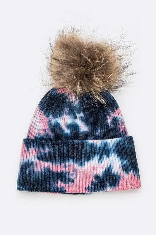 Tie Dyed Natural Raccoon Fur Pom Beanie LA Jewelry Plaza