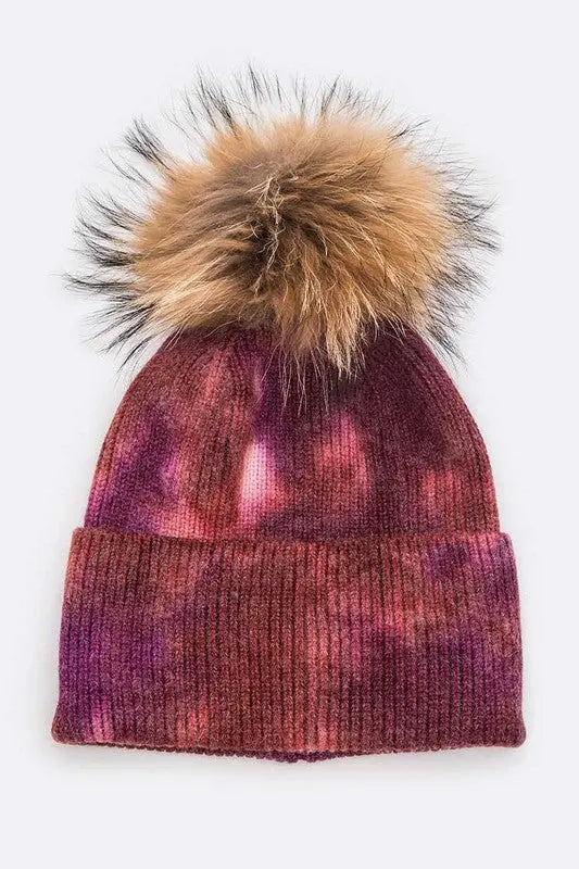 Tie Dyed Natural Raccoon Fur Pom Beanie LA Jewelry Plaza