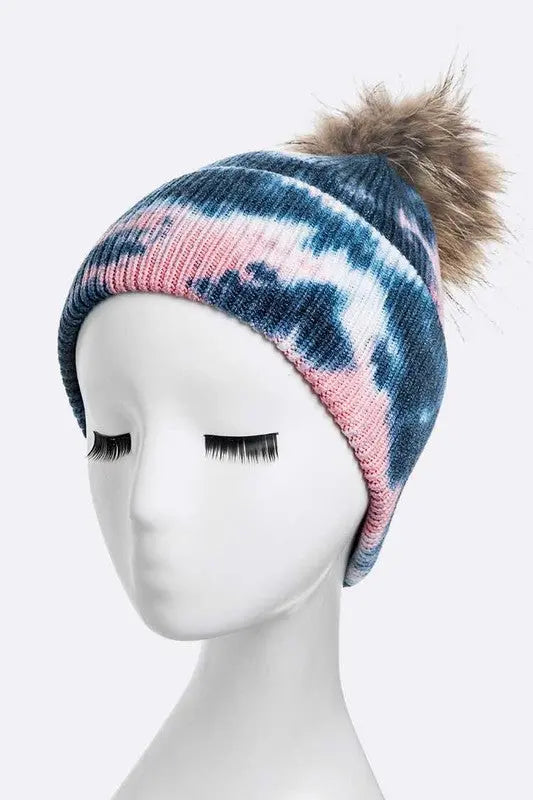 Tie Dyed Natural Raccoon Fur Pom Beanie LA Jewelry Plaza