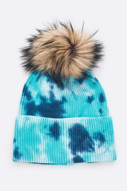 Tie Dyed Natural Raccoon Fur Pom Beanie LA Jewelry Plaza