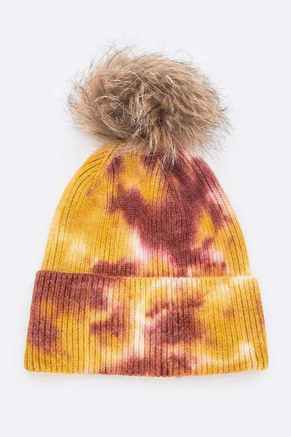 Tie Dyed Natural Raccoon Fur Pom Beanie LA Jewelry Plaza