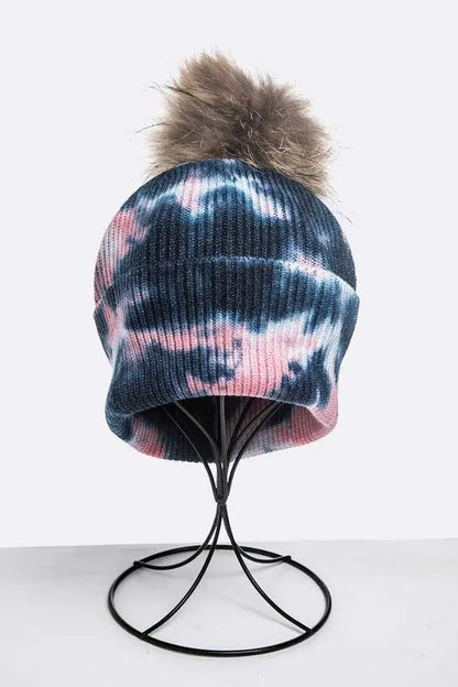 Tie Dyed Natural Raccoon Fur Pom Beanie LA Jewelry Plaza