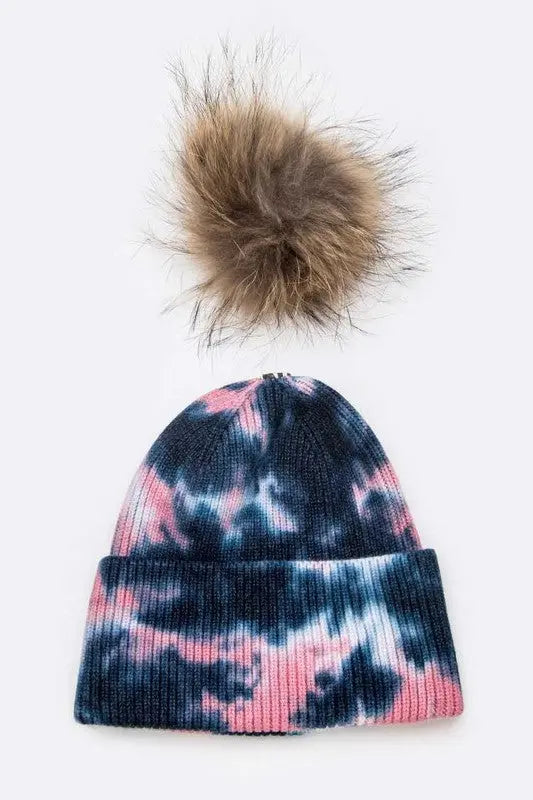 Tie Dyed Natural Raccoon Fur Pom Beanie LA Jewelry Plaza