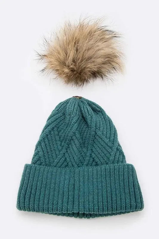 Raised Knit Raccoon Fur Pom Beanie LA Jewelry Plaza