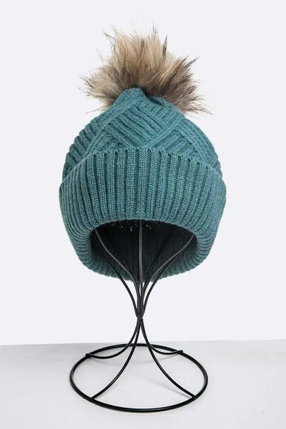 Raised Knit Raccoon Fur Pom Beanie LA Jewelry Plaza