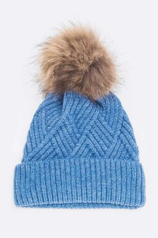 Raised Knit Raccoon Fur Pom Beanie LA Jewelry Plaza