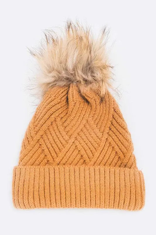 Raised Knit Raccoon Fur Pom Beanie LA Jewelry Plaza