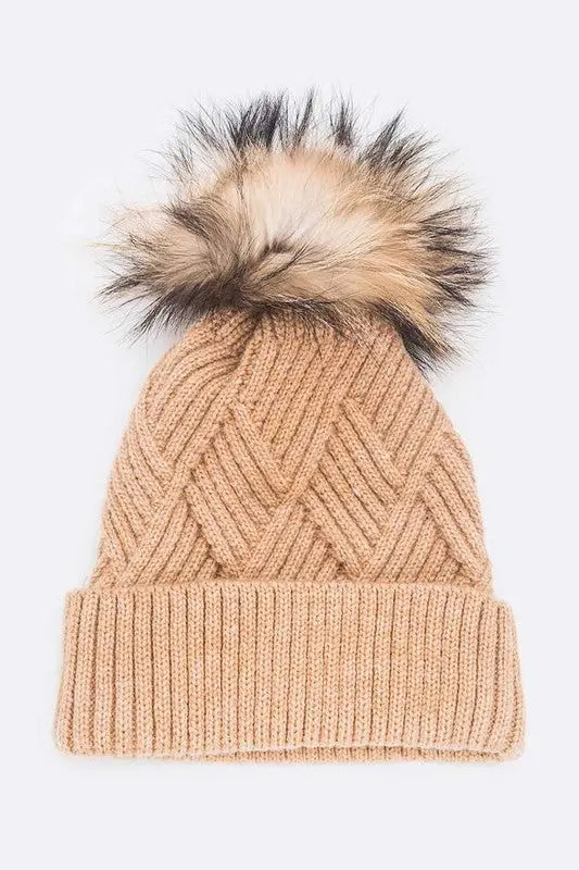 Raised Knit Raccoon Fur Pom Beanie LA Jewelry Plaza