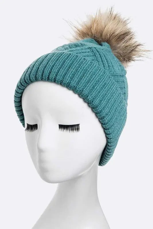 Raised Knit Raccoon Fur Pom Beanie LA Jewelry Plaza