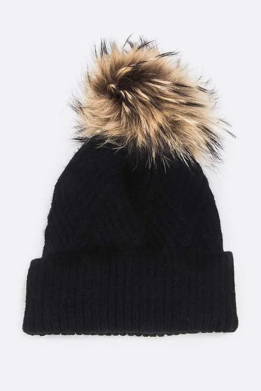 Raised Knit Raccoon Fur Pom Beanie LA Jewelry Plaza