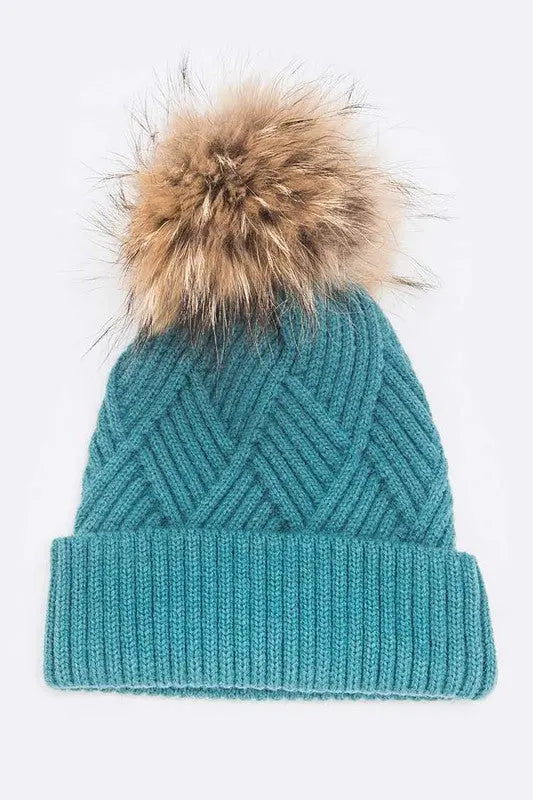 Raised Knit Raccoon Fur Pom Beanie LA Jewelry Plaza