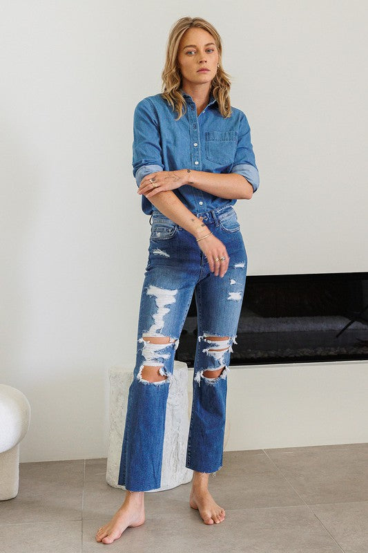 Distressed High Rise Ankle Relaxed Straight Jeans