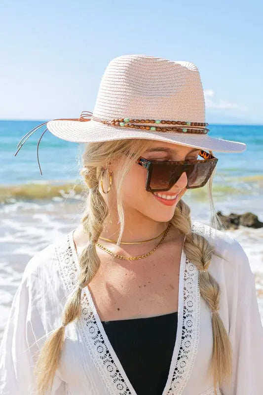 Beaded Belt Straw Panama Fedora Hat Aili's Corner