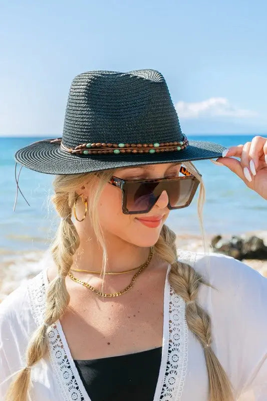 Beaded Belt Straw Panama Fedora Hat Aili's Corner