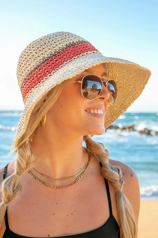 Stripe Accent Straw Bucket Hat Aili's Corner