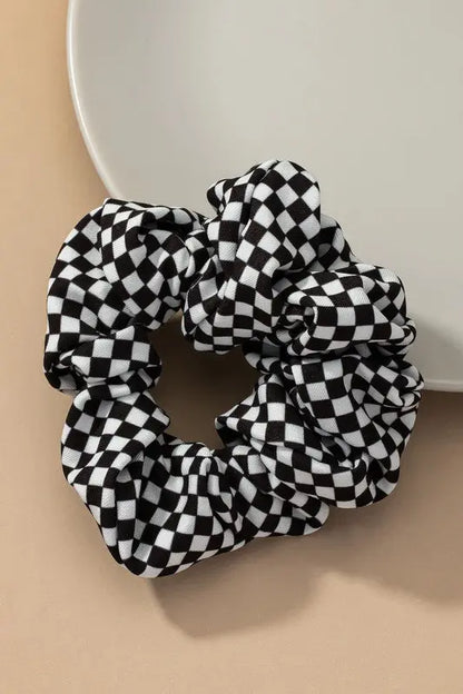 satin black and white checker hair scrunchie