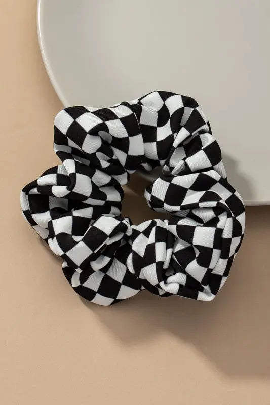 satin black and white checker hair scrunchie