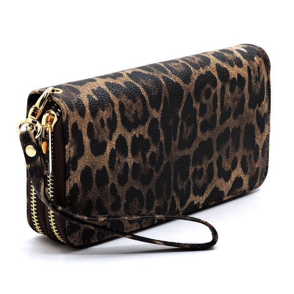 Leopard Double Zip Around Wallet Wristlet