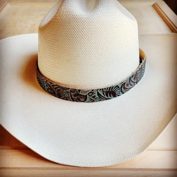 Brown Turquoise Floral Embossed Leather Hat Band AFFLUZA.COM