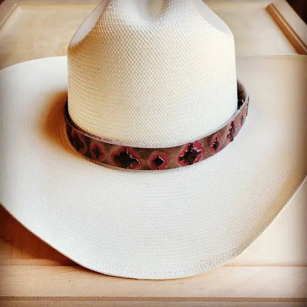 Red Navajo Embossed Leather Hat Band AFFLUZA.COM