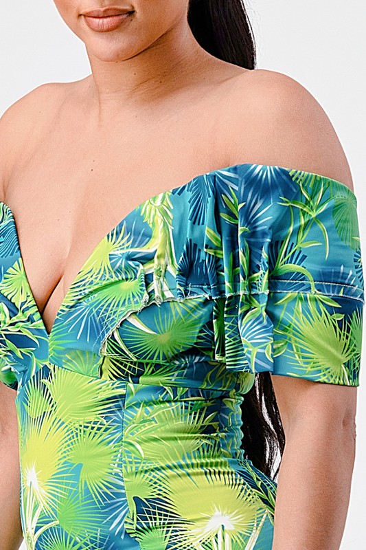 Neon garden off shoulder fitted mini dress