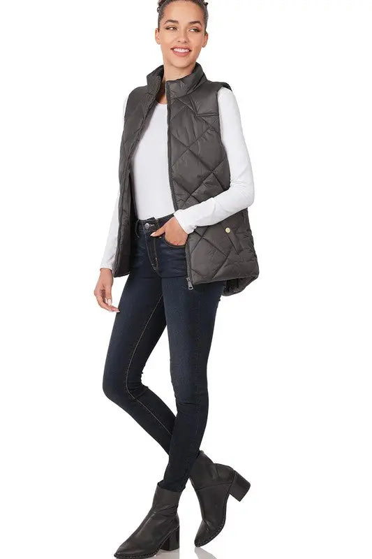 Diamond Quilted Zip Front Vest AFFLUZA.COM