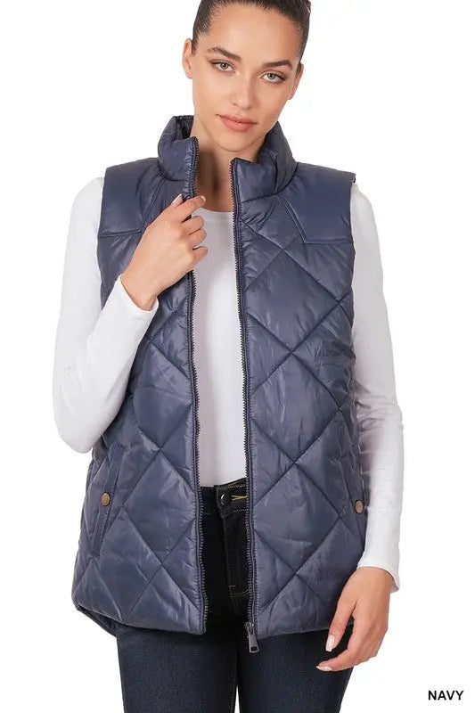 Diamond Quilted Zip Front Vest AFFLUZA.COM