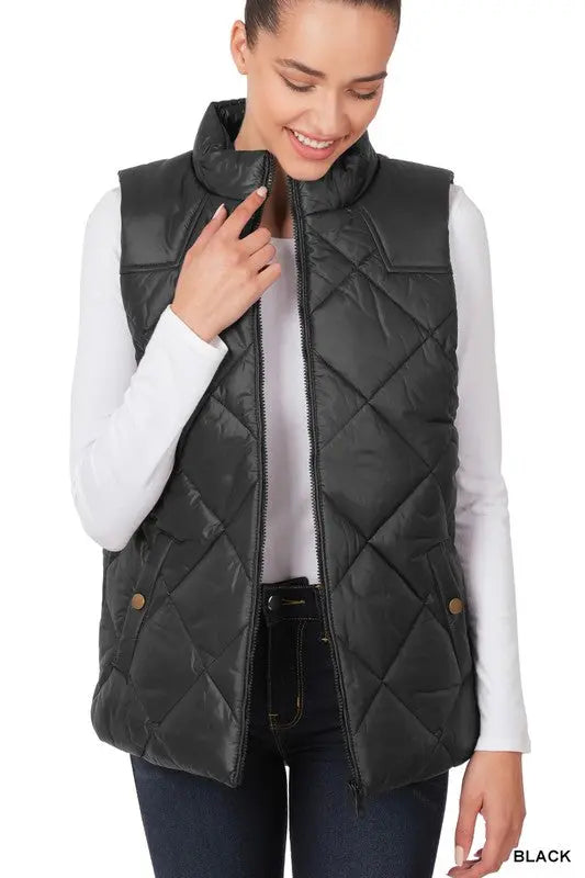 Diamond Quilted Zip Front Vest AFFLUZA.COM