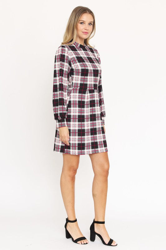 High Neck Plaid Sheath Dress