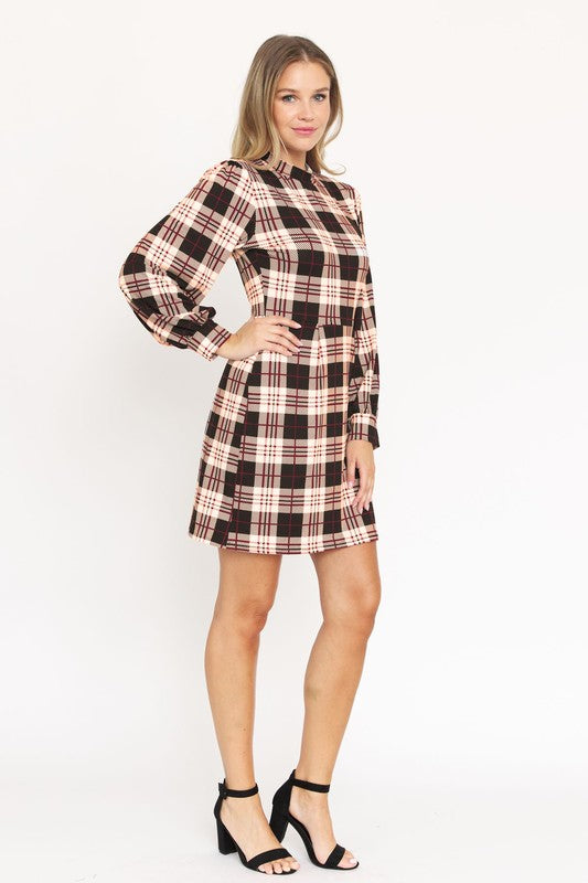 High Neck Plaid Sheath Dress