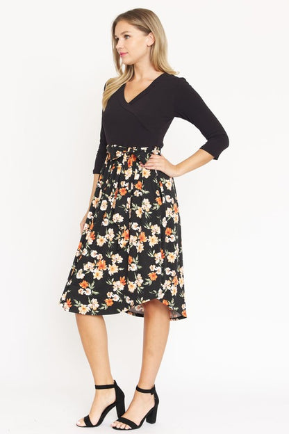 Surplice Floral Sash Midi Dress