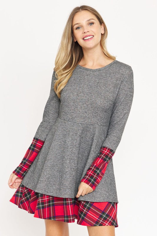 Terry Plaid Layered Fit And Flare Dress