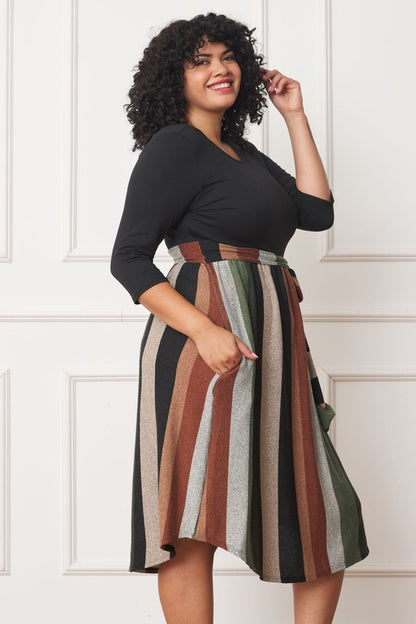 Plus Quarter Sleeve, Stripe Sash Midi Dress