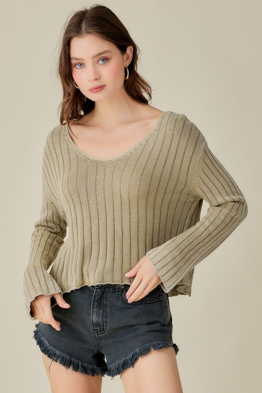 V-Neck Washed Crop Sweater